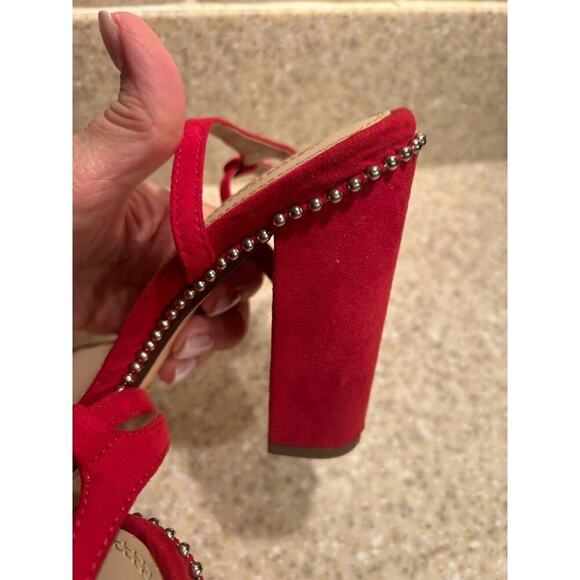 Liliana Red suede 4.5 inch heel clear toe strap gold accents Size 7 - Picture 8 of 10